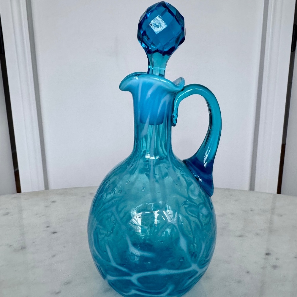 Vintage Blue Opalescent Art Glass Cruet with Stopper